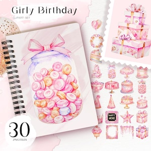 Girly Birthday Clipart Set, Pink Party PNG, Watercolor Birthday Clipart, Cute Cake Illustration, Digital Stickers, Instant Download