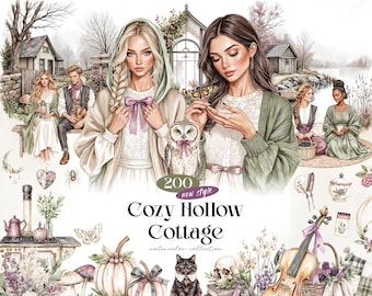 Cozy Hollow Cottage Watercolor Clipart, 200 Cottagecore Autumn PNGs