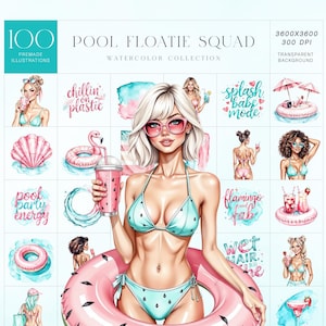 プールフロート隊のクリップアートセット、水彩画の夏の女の子、水着、フラミンゴ、ドリンク、名言＆ビーチの雰囲気、商用利用可