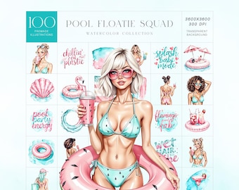 Pool Party Clipart Kit, Tropical Summer Girls Flamingo Watercolor Set