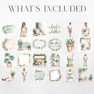 May include: Watercolor illustrations of various botanical and lifestyle elements, including plants, people, and text. The text includes "What's Included", "leaf + latte", "Grow slow, live well", "Peace, plants, and people", and "Repeat me soon".