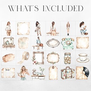 May include: Watercolor illustrations of vintage items and women, including a suitcase, telephone, teacup, and recipe card. The text "WHAT'S INCLUDED" is at the top. The images have a soft, antique aesthetic.