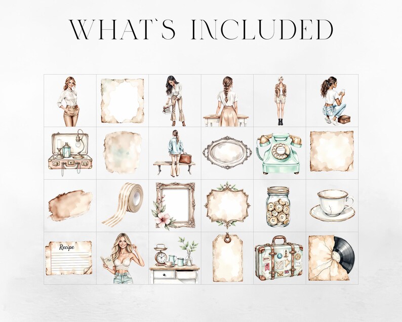 May include: Watercolor illustrations of vintage items and women, including a suitcase, telephone, teacup, and recipe card. The text "WHAT'S INCLUDED" is at the top. The images have a soft, antique aesthetic.