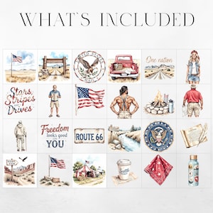 May include: Watercolor illustrations of American themes, including a flag, a red truck, a road sign, and a campfire. The text "WHAT'S INCLUDED" is at the top. Other text includes "Stars, Stripes and Drives", "Freedom looks good on YOU", "ROUTE 66", and "Seattle Roast".