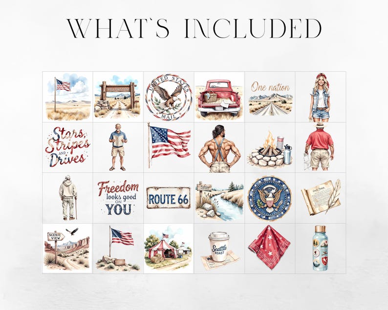 May include: Watercolor illustrations of American themes, including a flag, a red truck, a road sign, and a campfire. The text "WHAT'S INCLUDED" is at the top. Other text includes "Stars, Stripes and Drives", "Freedom looks good on YOU", "ROUTE 66", and "Seattle Roast".