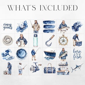 Pu&ograve; includere: Illustrazioni ad acquerello a tema pesca. Include immagini di pescatori, attrezzatura da pesca ed elementi nautici. Il testo include "What's Included", "chasing giants" e "born to fish". La tavolozza dei colori &egrave; principalmente blu e bianca.