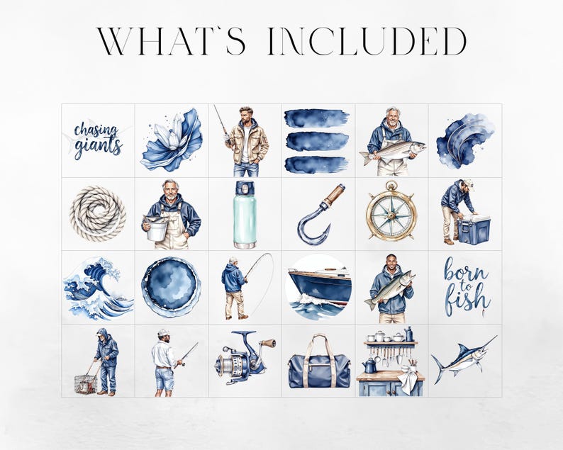 Pu&ograve; includere: Illustrazioni ad acquerello a tema pesca. Include immagini di pescatori, attrezzatura da pesca ed elementi nautici. Il testo include "What's Included", "chasing giants" e "born to fish". La tavolozza dei colori &egrave; principalmente blu e bianca.