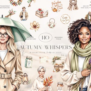 May include: Watercolor illustrations featuring women, autumn-themed elements, and text. The image includes a woman with an umbrella, another with flowers, and various fall-related graphics like pumpkins, scarves, and jars. The text reads "Autumn Whispers" and "Watercolor Collection."