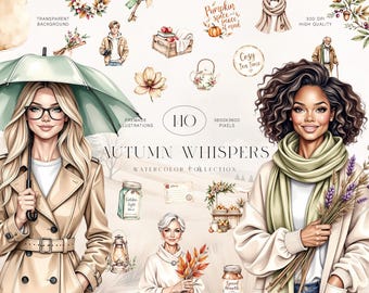 May include: Watercolor illustrations featuring women, autumn-themed elements, and text. The image includes a woman with an umbrella, another with flowers, and various fall-related graphics like pumpkins, scarves, and jars. The text reads "Autumn Whispers" and "Watercolor Collection."