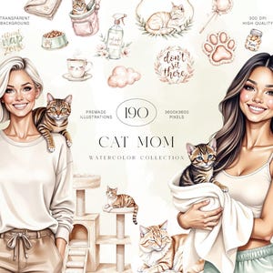 Könnte beinhalten: Aquarell-Illustration mit einer Sammlung von Bildern zum Thema Katze. Das zentrale Bild zeigt zwei Frauen mit Katzen, umgeben von Illustrationen zum Thema Katze, darunter ein Kratzbaum, eine Futterschüssel und Reinigungsmittel. Text enthält "Cat Mom" und "Watercolor Collection".