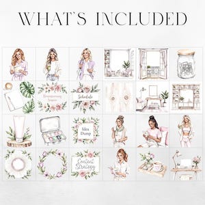 May include: Watercolor illustrations of women, office supplies, and floral arrangements. The text "WHAT'S INCLUDED" is at the top. The images include a jar of paperclips, a makeup kit, and a desk with a laptop.