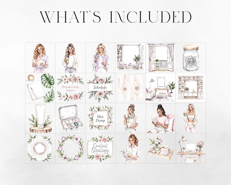 May include: Watercolor illustrations of women, office supplies, and floral arrangements. The text "WHAT'S INCLUDED" is at the top. The images include a jar of paperclips, a makeup kit, and a desk with a laptop.