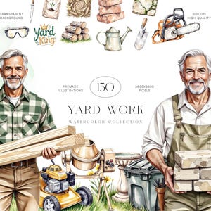 以下が含まれることがあります： 「Yard Work」と題された水彩イラスト。笑顔の男性が木板とレンガを持っており、庭いじりの道具、芝刈り機、そして「Yard King」の文字が描かれています。