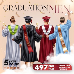 Graduation Men Clipart Bundle - anpassbare digitale Kunst für die Abschlussfeier, 5 Hauttöne, 497 PNG-Dateien, perfekt für Abschlussprojekte