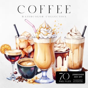 Clipart café aquarelle, PNG avec 70 illustrations de boissons latte glacé expresso moka pour sublimation, usage commercial