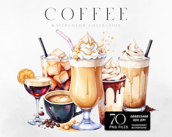 Watercolor Coffee Clipart, Iced Latte PNG Bundle (Commercial Use)