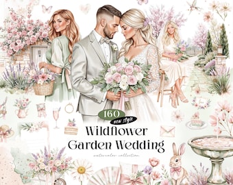 Wildflower Garden Wedding Watercolor Clipart Bundle, 160 Transparent Bridal PNGs