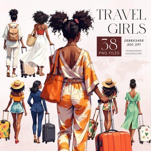 Travel Girls PNG-clipartbundel | 38 stijlvolle zwarte vrouwelijke reizigersillustraties | Modieuze vrouwen met bagage | Commercieel gebruik