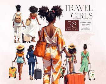 Travel Girls PNG Clipart Bundle | 38 Stylish Black Female Traveler Illustrations | Fashionable Women with Luggage | Commercial Use