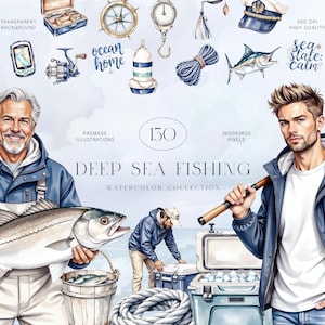 Pode incluir: Ilustrações em aquarela de pesca em alto mar, com elementos náuticos como uma bússola, vara de pesca e peixes. A imagem inclui o texto "Deep Sea Fishing" e "Watercolor Collection."