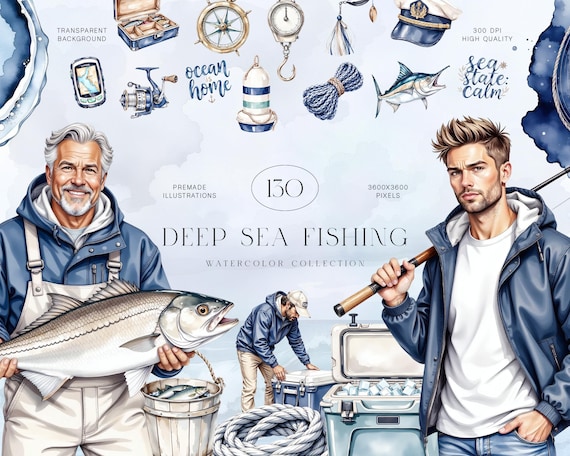 Deep Sea Fishing Watercolor Clipart Set, Nautical PNG Illustrations (Commercial Use)