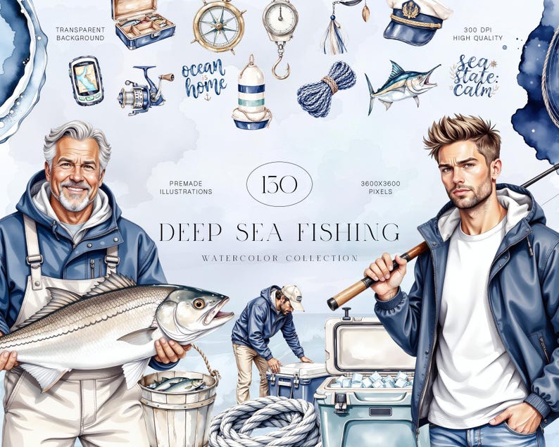 Pu&ograve; includere: Illustrazioni ad acquerello di pesca d'altura, con elementi nautici come una bussola, una canna da pesca e pesci. L'immagine include il testo "Deep Sea Fishing" e "Watercolor Collection."