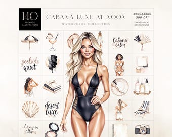 Poolside Glamour Aquarell Clipart Set mit neutralen Sommermode Illustrationen