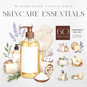 Zestaw clipartów do pielęgnacji skóry w akwareli | 60 PNG Selfcare Essentials | Ilustracja kosmetyków spa | Elementy naturalnego piękna | Przezroczyste tło