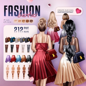 Bundle de cliparts portrait mode personnalisé – 212 fichiers PNG, 5 tons de peau, ensemble de poupées en papier numérique, cadeau d'illustration de mode