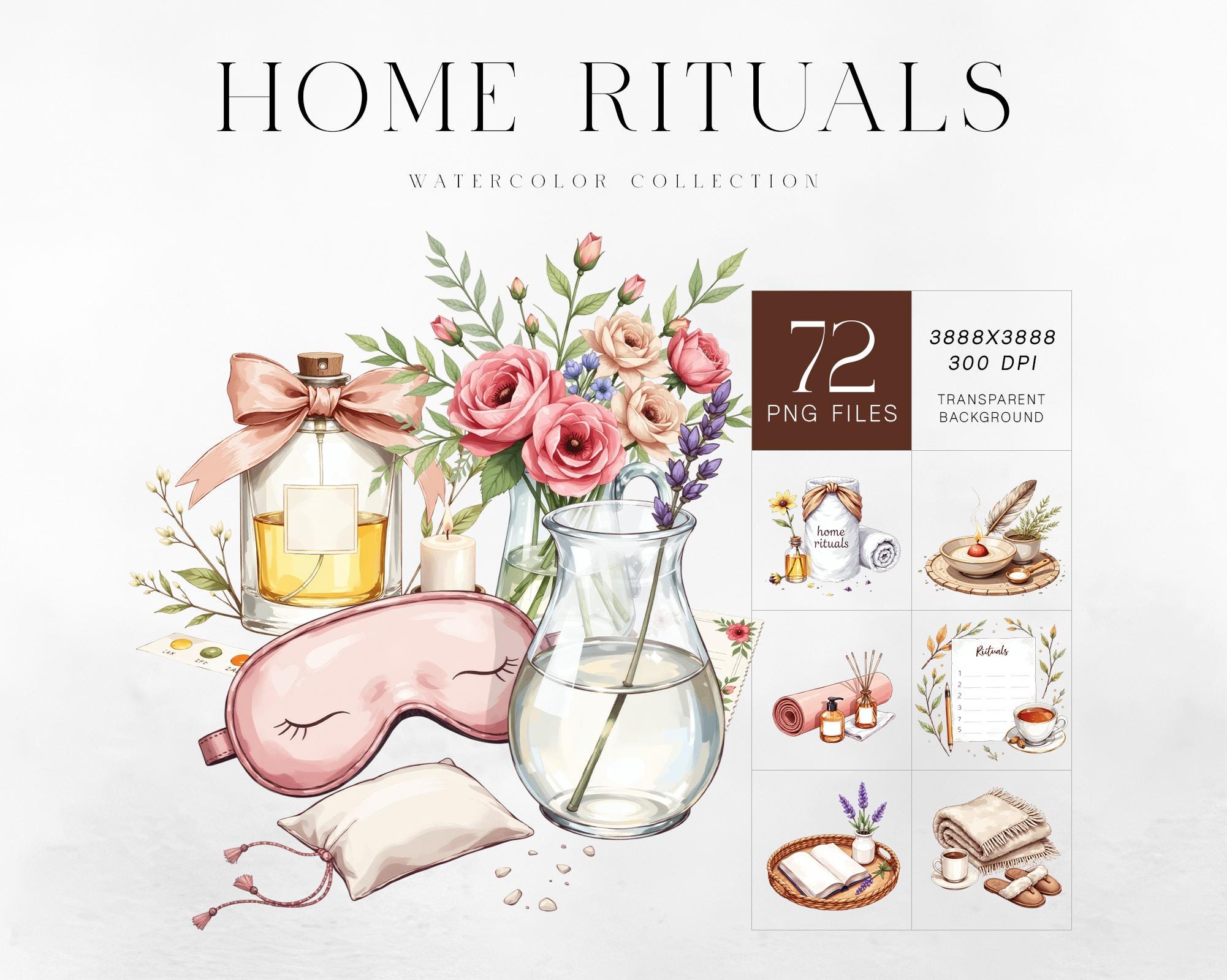 Home Rituals Watercolor Clipart Bundle | 72 Cozy Self Care PNG | Cozy Lifestyle | For Planner Stickers and Sublimation | Commercial Use