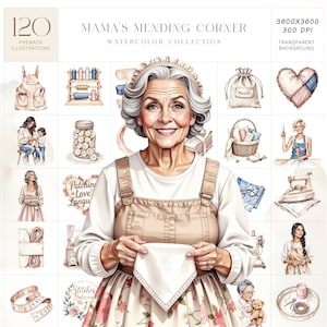 Op de afbeelding: Waterverfillustraties van naai- en reparatiegereedschap en -benodigdheden, waaronder schorten, garenklosjes, knopen en een naaimachine. De centrale afbeelding is van een lachende oudere vrouw die een zakdoek vasthoudt. Tekst: "Mama's Mending Corner" en "120 Premade Illustrations."