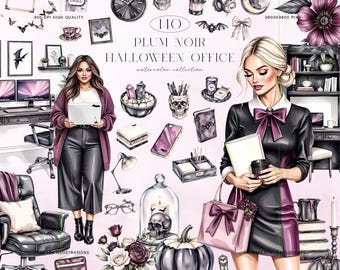 Plum Noir Halloween Office Watercolor Clipart Set, Gothic Workspace PNG, Spooky Desk Illustrations