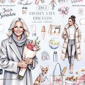 Frosty City Errands Clipart-set, Winter City Girl PNG-samling