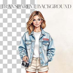 May include: Illustration of a woman wearing a light blue denim jacket with a "WANDER USA" patch, a white t-shirt, and khaki shorts. She holds a black camera. The words "TRANSPARENT BACKGROUND" are at the top.
