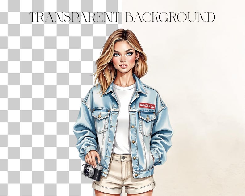 May include: Illustration of a woman wearing a light blue denim jacket with a "WANDER USA" patch, a white t-shirt, and khaki shorts. She holds a black camera. The words "TRANSPARENT BACKGROUND" are at the top.