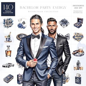 Op de afbeelding: Watercolor illustratieset getiteld "Bachelor Party Energy" met 140 kant-en-klare illustraties. De afbeelding toont twee mannen in pakken, samen met illustraties van casinofiches, speelkaarten, champagne en een sportwagen. De tekst "Viva the Night" is ook zichtbaar.