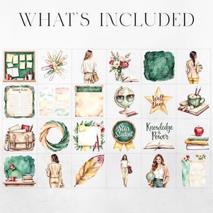 May include: Watercolor illustrations of school-themed items, including a chalkboard, lesson plan, globe, books, and a star. The text "WHAT'S INCLUDED" is at the top. The images are in a grid layout.