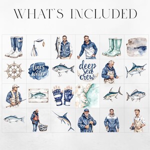 Pu&ograve; includere: Illustrazioni ad acquerello a tema pesca. L'immagine presenta stivali da pesca, esche, pesci, un timone, guanti, una mappa e persone vestite con abiti da pesca. Il testo include "What's Included", "Lines in Water" e "Deep Sea Crew".