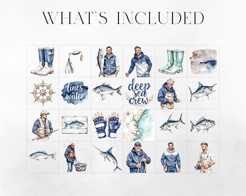 Pu&ograve; includere: Illustrazioni ad acquerello a tema pesca. L'immagine presenta stivali da pesca, esche, pesci, un timone, guanti, una mappa e persone vestite con abiti da pesca. Il testo include "What's Included", "Lines in Water" e "Deep Sea Crew".
