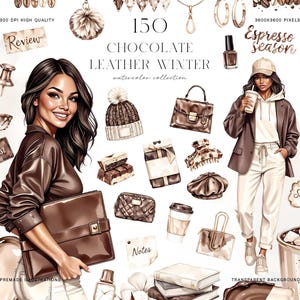 Op de afbeelding: Waterverfillustraties met een chocolade- en lederen winterthema. De afbeelding bevat een vrouw met donker haar, accessoires en mode-items zoals een hoed, handtas en koffiekopje. Tekst bevat "150 Chocolate Leather Winter" en "Espresso Season."