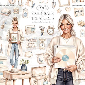 May include: A watercolour illustration with a woman holding a framed botanical print and vinyl records. The image includes yard sale items like scales, clocks, and boxes. Text reads "Yard Sale Treasures". The image is a collection of premade illustrations.