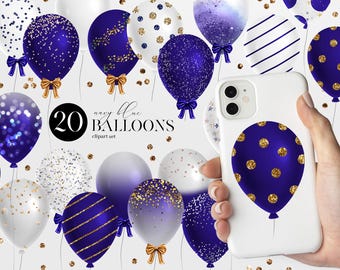 Imágenes prediseñadas de globos azul marino, diseños de confeti con purpurina (descarga digital)