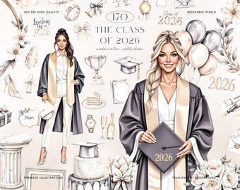 May include: Watercolor illustration featuring two women in graduation attire, surrounded by graduation-themed elements. The image includes the text "The Class of 2026" and "Leveling Up in 2026". Other elements include a graduation cap, balloons, and floral accents.