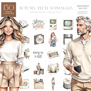 May include: Watercolor illustrations featuring retro tech and fashion. The collection includes images of a woman and a man, along with vintage items like a CD, floppy disk, and a retro TV. Text includes "Autumn Tech Nostalgia" and "150 Premade Illustrations."