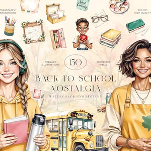 Puede incluir: Conjunto de ilustraciones en acuarela titulado "Back to School Nostalgia". La imagen presenta a dos mujeres sonrientes, útiles escolares y un autobús escolar amarillo. El texto incluye "Transparent Background", "Word Curiosity" y "300 DPI High Quality".