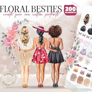 Floral Besties Clipart, Óleo aquarela BFF, Retrato personalizado, Personalizado, Uso comercial
