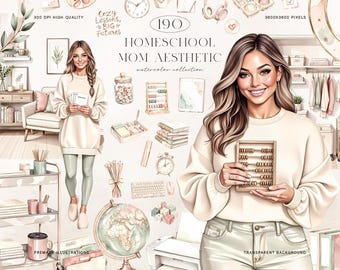 Homeschool Mom Aesthetic Watercolor Clipart Set, Cozy Classroom PNG, Teacher Mom Illustrations
