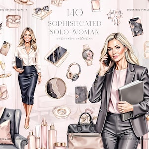Pode incluir: Ilustração em aquarela intitulada "140 Sophisticated Solo Woman". A imagem apresenta uma mulher elegante com cabelo loiro, rodeada por acessórios como um relógio, fones de ouvido e uma bolsa. O texto "dating my own life" também é visível.