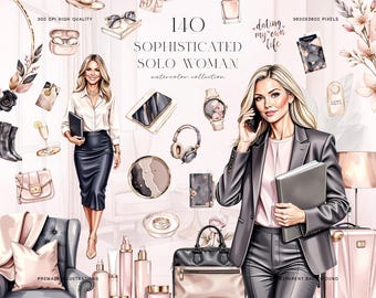 May include: Watercolor illustration titled "140 Sophisticated Solo Woman." The image features a stylish woman with blonde hair, surrounded by accessories like a watch, headphones, and a handbag. The text "dating my own life" is also visible.