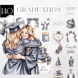 Abschluss Aquarell Clipart Set, Klasse von 2025 PNG Bundle, Abschlussfeier Sublimation, High School College, kommerzielle Nutzung